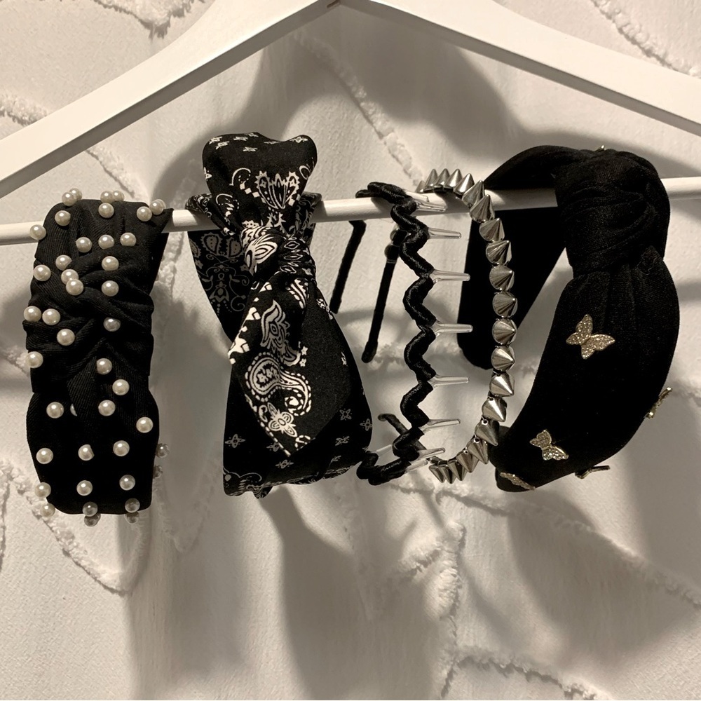 Set of 5 Black Headbands Pearl Stud Bandana Knotted Padded Goth Y2K Boho - Picture 3 of 3